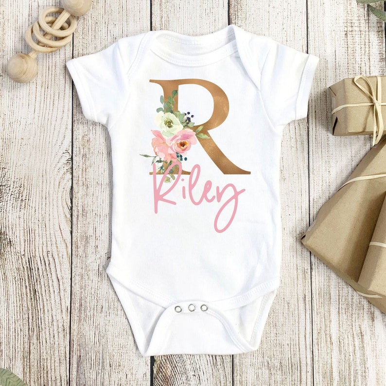 Personalized Baby Girl Onesie With Initial Gold