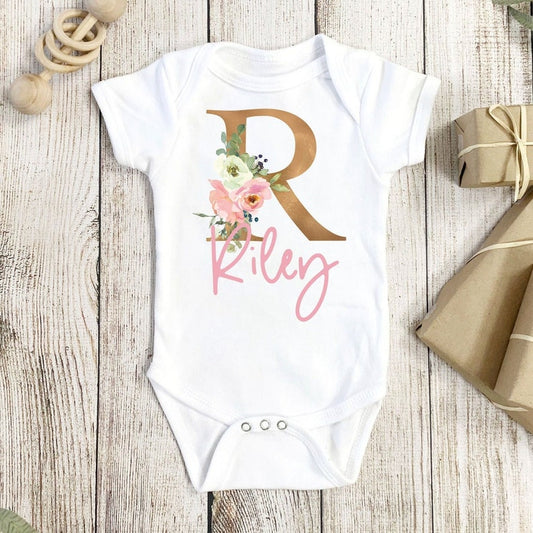 Personalized Baby Girl Onesie With Initial Gold
