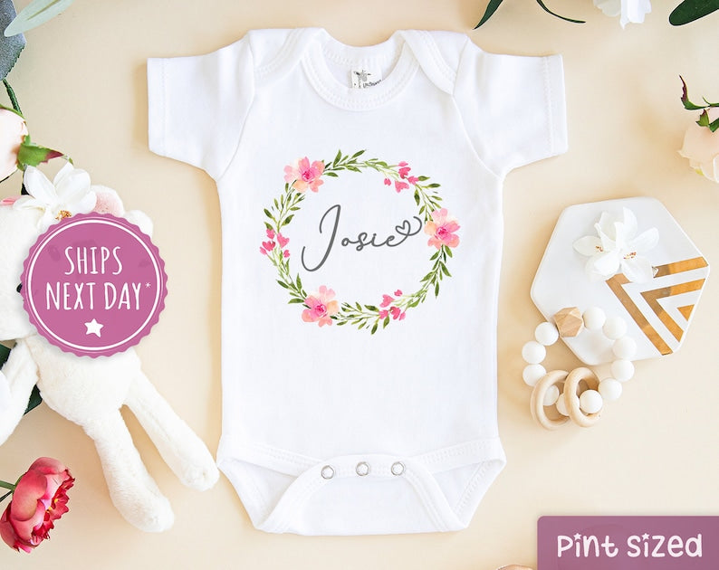 Personalized Baby Girl Onesie With Name Floral Pink