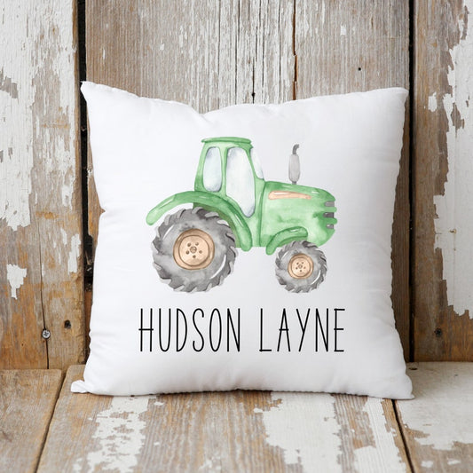 Personalized Baby Kids Throw Pillow Green Tractor