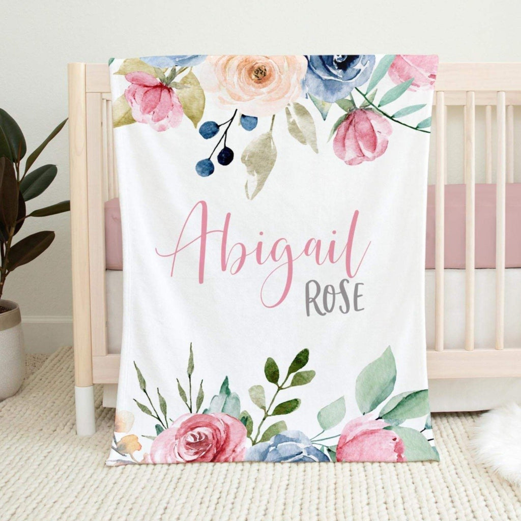 Personalized Minky Fleece Water-color Flower Baby Blanket Pink&Blue