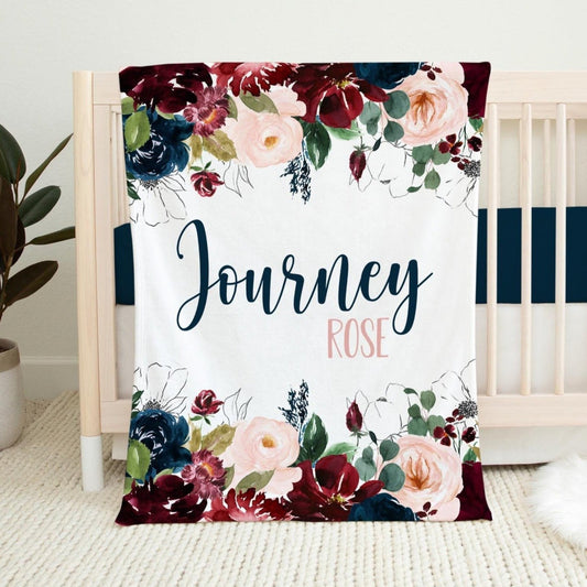 Personalized Minky Fleece Water-color Flower Baby Blanket Blush and Navy