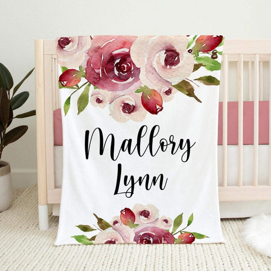 Personalized Minky Fleece Water-color Flower Baby Blanket Pink
