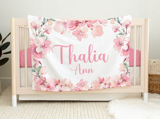 Personalized Minky Fleece Baby Blanket Cherry Blossom