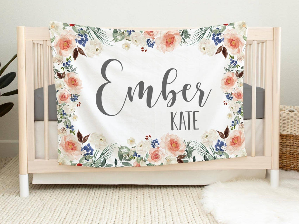 Personalized Minky Fleece Flower Baby Blanket Ivory And Peach Rose