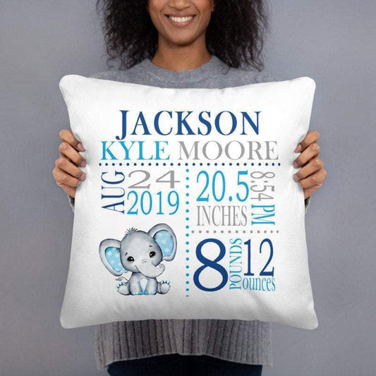 Personalized Elephant Baby Throw Pillow With Birth Info