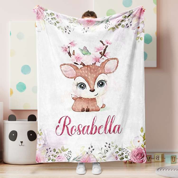 Personalized Name Fleece Cute Deer Blanket With Flowers Purple