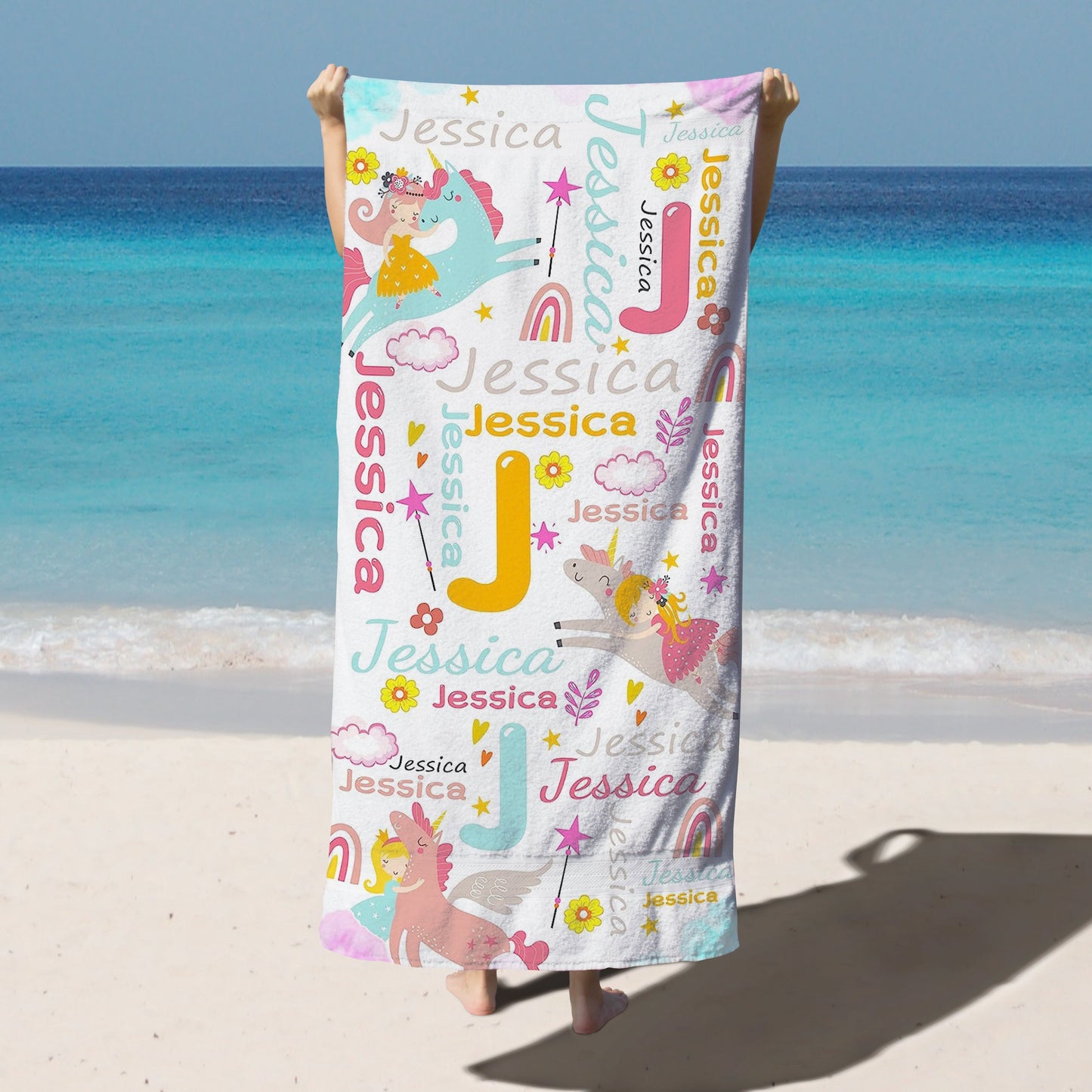 Personalized Kids Microfiber Beach Towel Unicorn Word-Art White