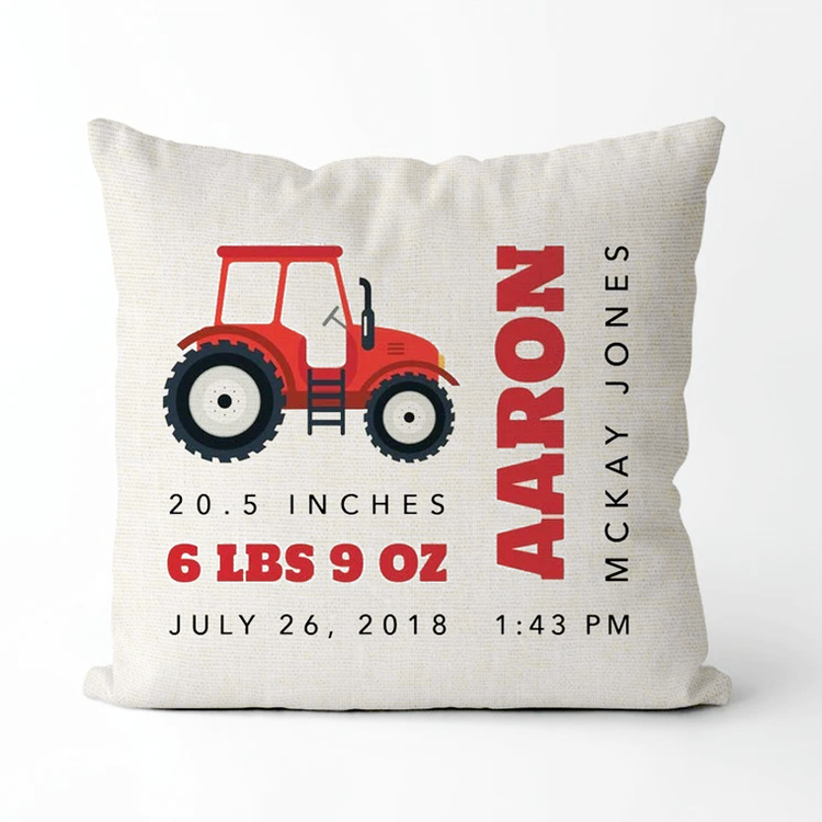 Personalized Baby Kids Throw Pillow Tractor Red