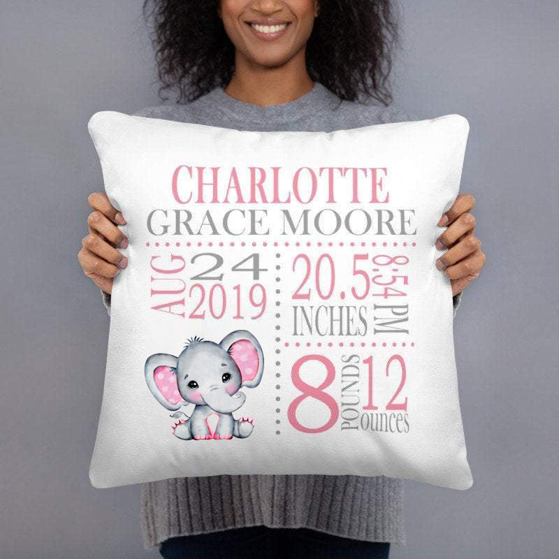 Personalized Elephant Baby Throw Pillow With Birth Info