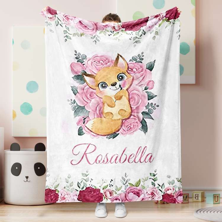 Personalized Name Fleece Cute Fox Blanket With Flowers Purple