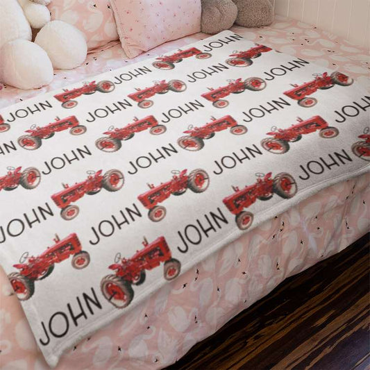 Personalized Minky Swaddle Blanket Tractor Red