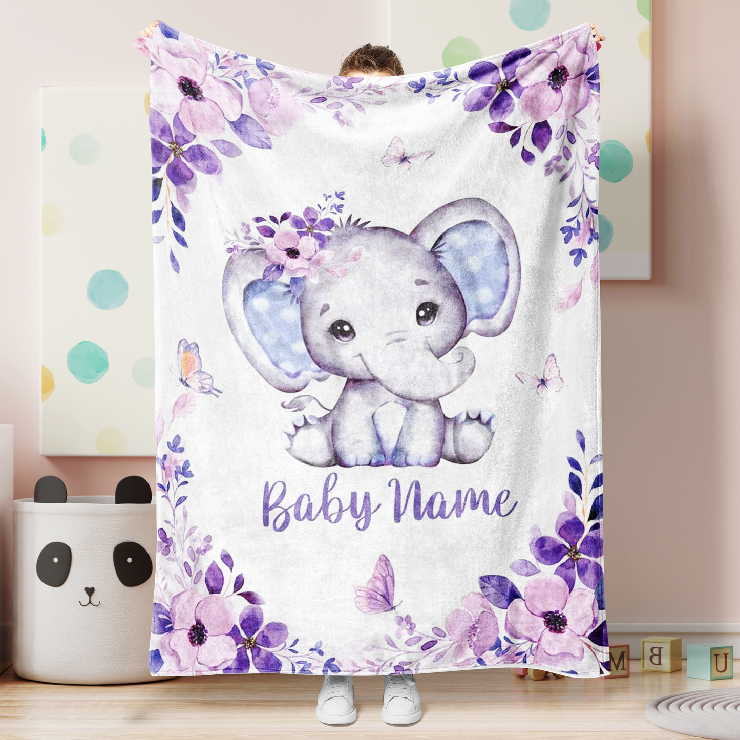 Personalized Minky Blanket Elephant With Flowers Purple