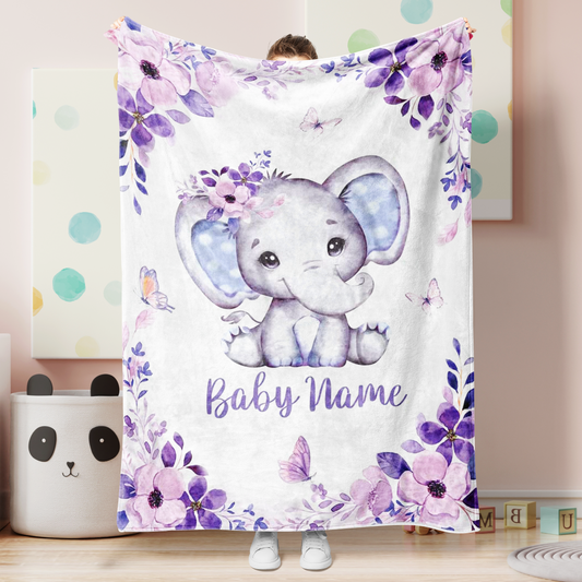 Personalized Minky Blanket Elephant With Flowers Purple