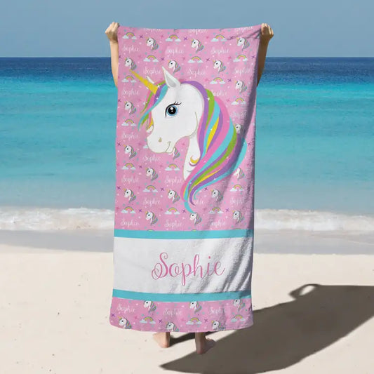 Personalized Kids Microfiber Beach Towel Unicorn Pink Purple