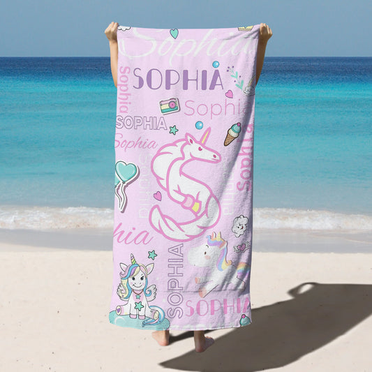 Personalized Kids Microfiber Beach Towel Unicorn Word-Art With Initial