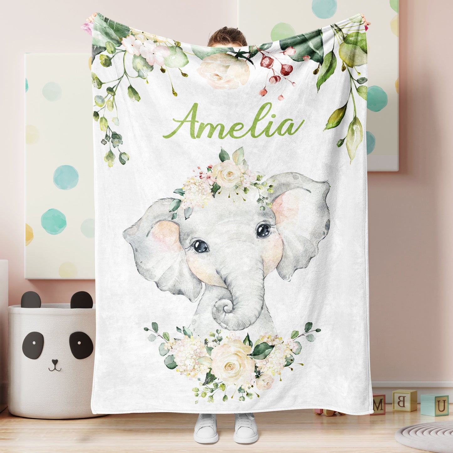 Personalized Name Fleece Blanket Elephant Flower Green