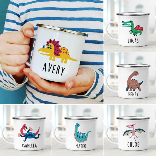 Personalized Funny Dinosaur Kids Enamel Camping Mugs