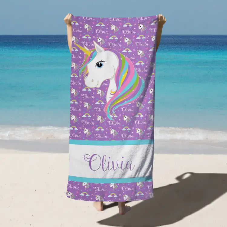 Personalized Kids Microfiber Beach Towel Unicorn Pink Purple
