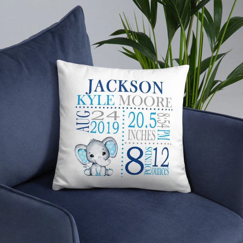 Personalized Elephant Baby Throw Pillow With Birth Info