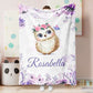Personalized Name Fleece Cute Owl Blanket With Flowers Purple