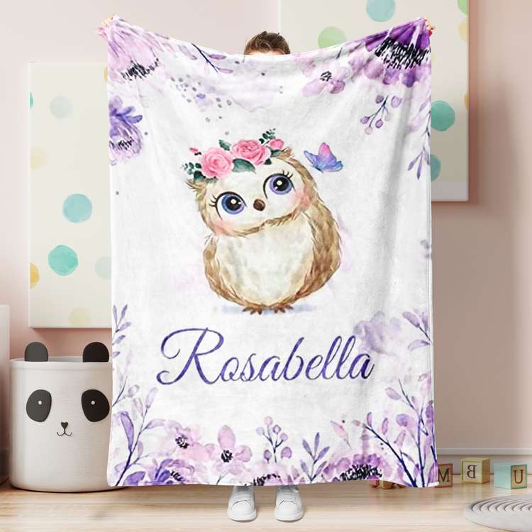 Personalized Name Fleece Cute Owl Blanket With Flowers Purple