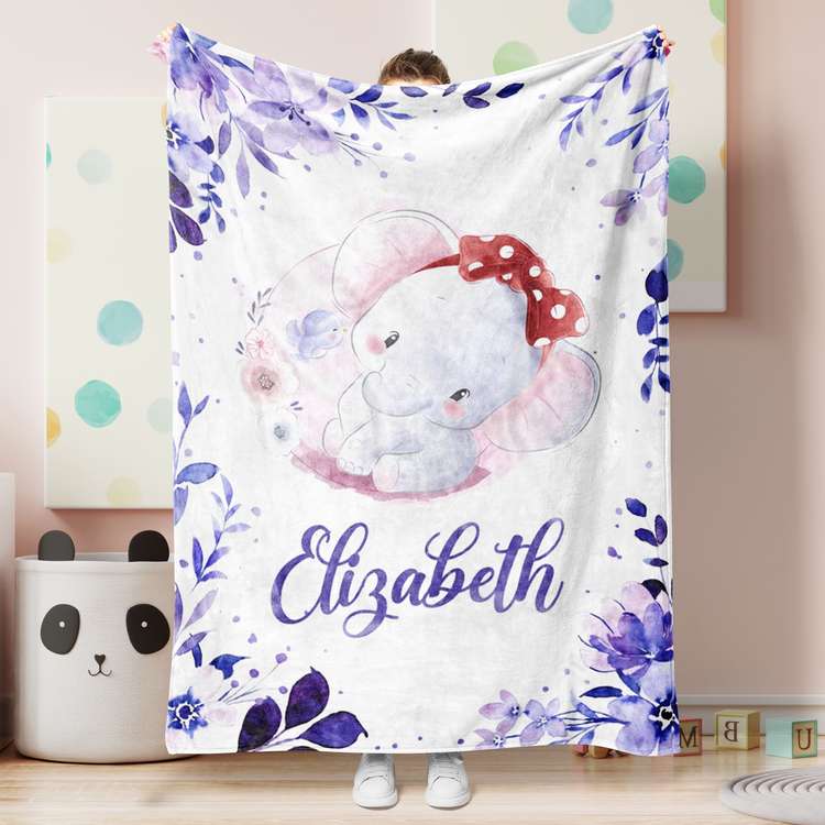 Personalized Name Fleece Cute Elephant Blanket With Flowers Purple