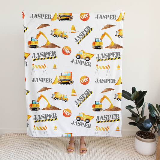 Personalized Minky Swaddle Blanket Name Construction Theme White