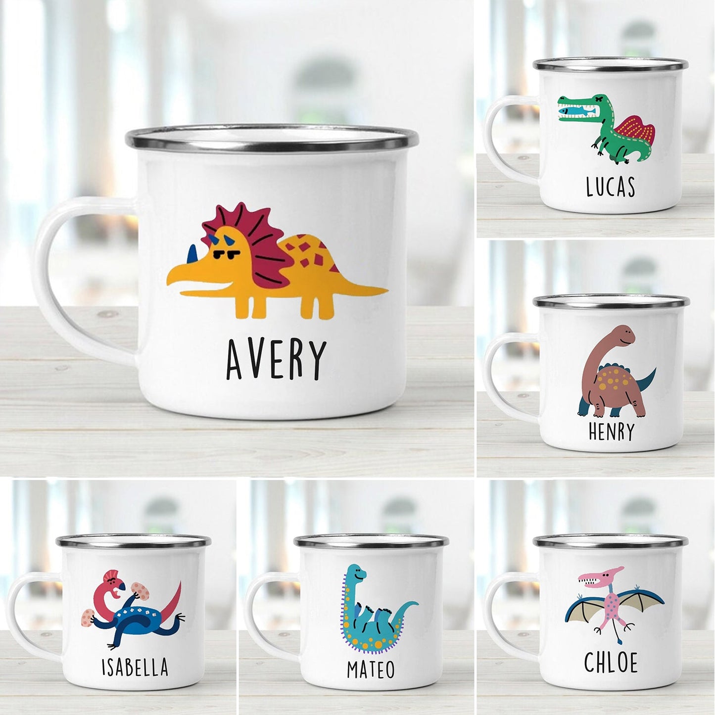 Personalized Funny Dinosaur Kids Enamel Camping Mugs