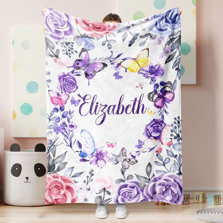 Personalized Name Fleece Butterfly Blanket Purple