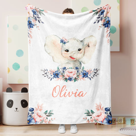 Personalized Name Fleece Blanket Elephant Flower Blue