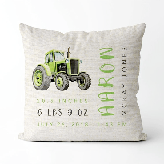 Personalized Baby Kids Throw Pillow Tractor Green