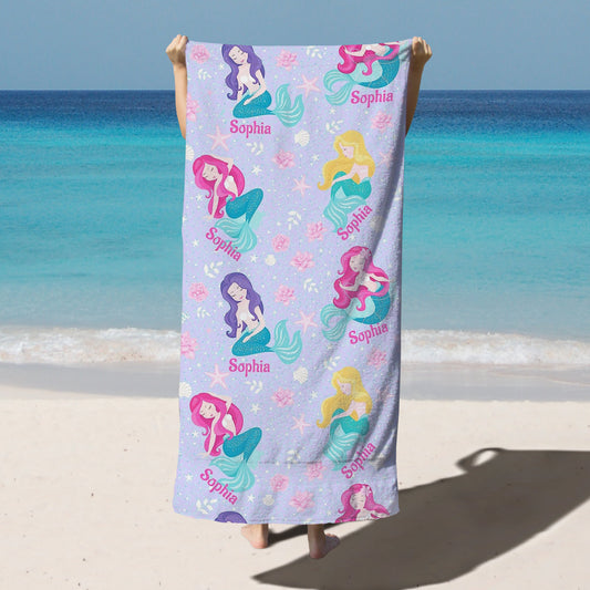 Personalized Kids Microfiber Beach Towel Mermaid Purple