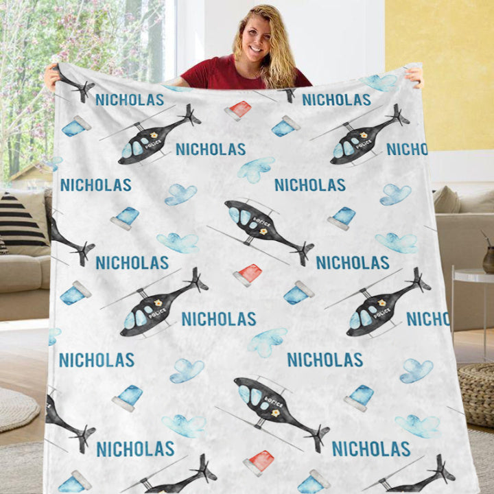 Custom Name Fleece Cartoon Blanket II11 - Helicopter