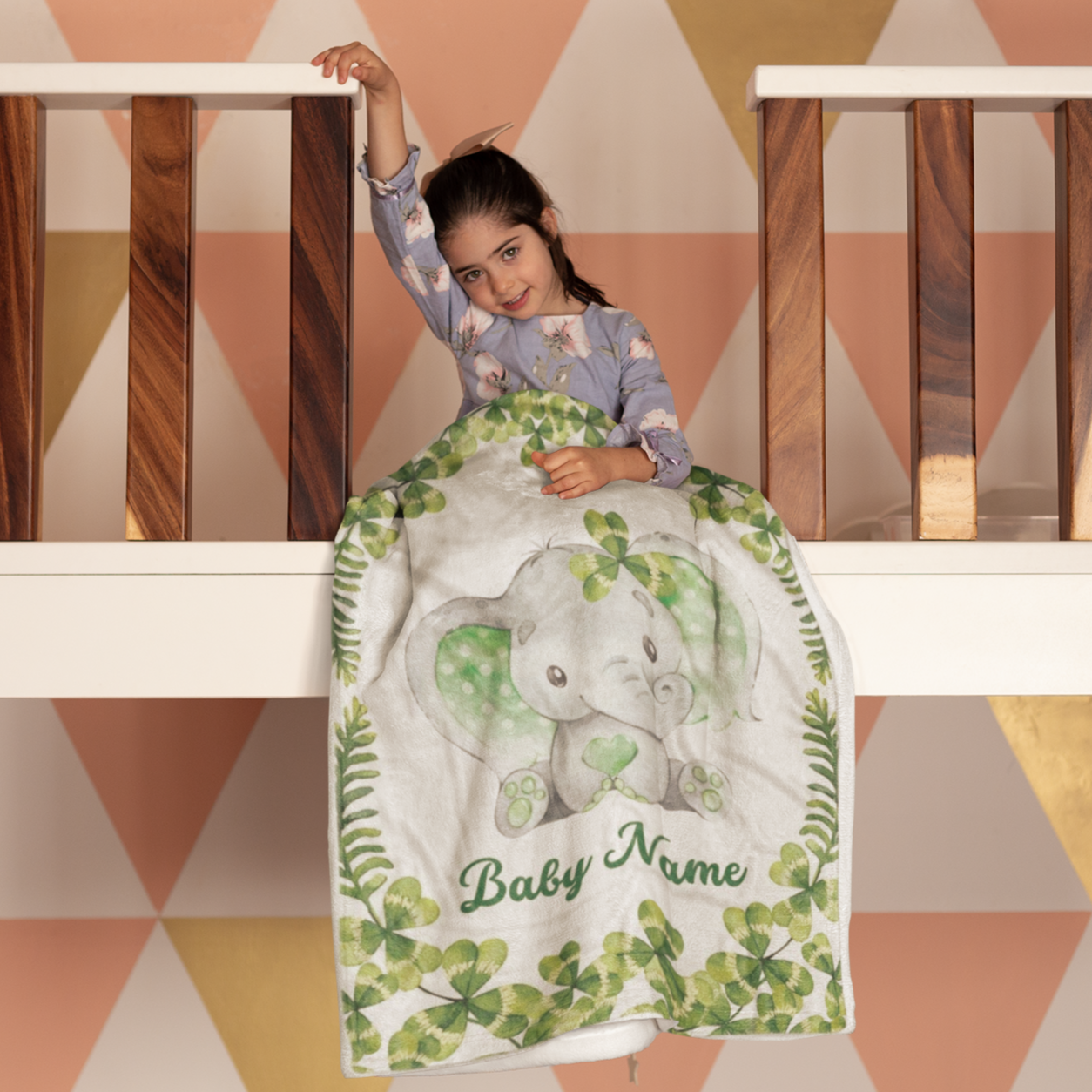 Personalized Elephant Green Leaves Newborn Baby Girl Children Name Fleece Blanket | 111222