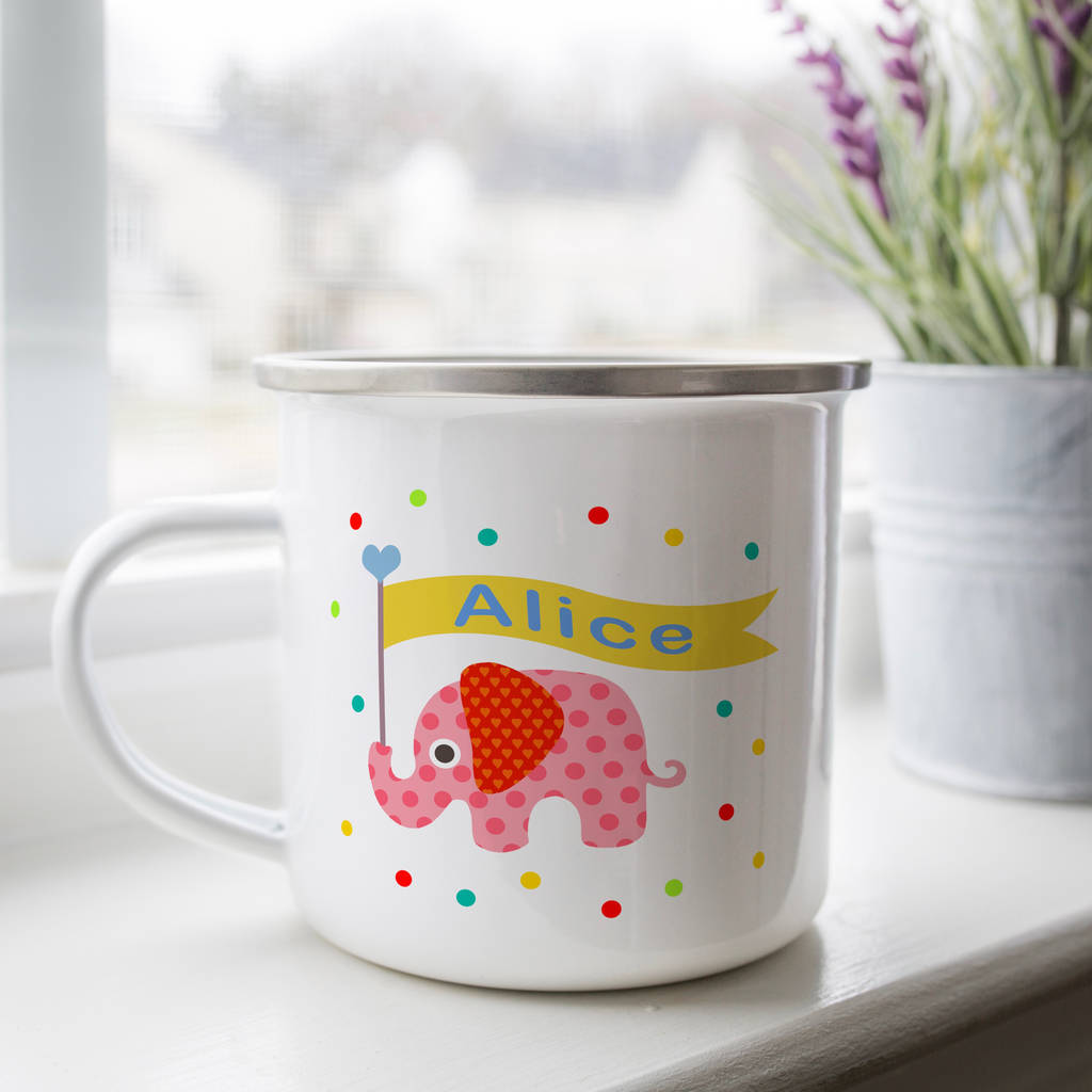Personalized Enamel Elephant With Flag Kids Mug For Boys Girls Pink | 22111803